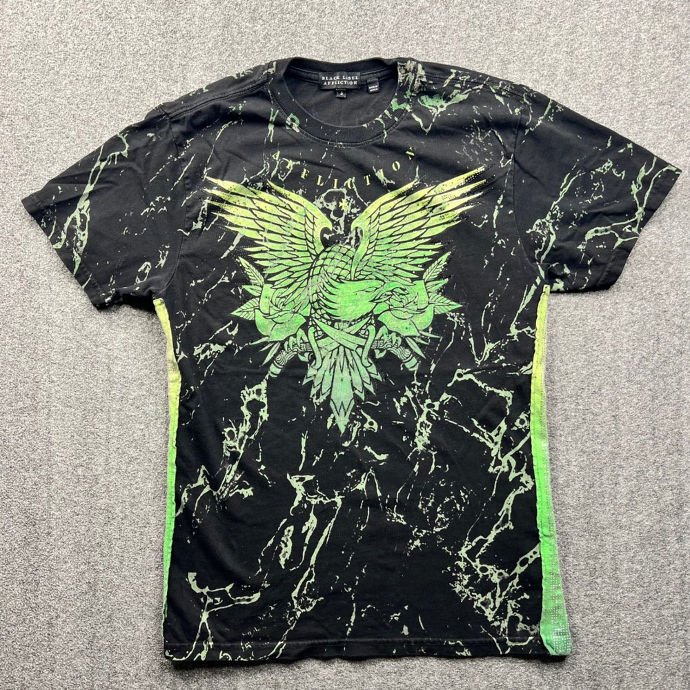 Affliction T Shirt Mens Small Black Green Black Label Marble Winged Graphic Tee